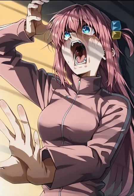 score_9, score_8_up, score_7_up, dark theme, low light,
hitori gotou, blue eyes, cube hair ornament, hair between eyes, hair ornament, pink hair, one side up, long hair, small pupils, scared, cute,
jacket, long sleeves, pants, pants under skirt, pink jacket, track jacket, 
kaibanodef, open mouth, upper body, teeth, screaming, parody, Hand, detailed, hands,