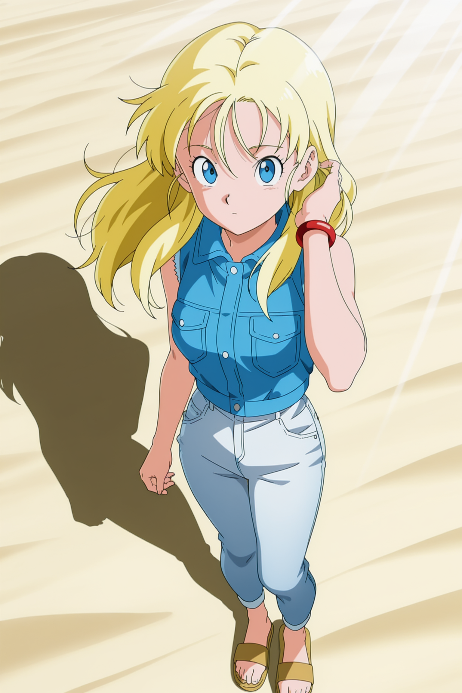 anime screencap, masterpiece, best quality, amazing quality, very aesthetic, absurdres,  newest, (scenery, volumetric lighting),
official style, 1girl, solo, 
marron, blue eyes, blonde hair, hair down long hair, wind lift, 
collared jacket, sleeveless denim jacket, sleeveless, jeans, white bottomwear, red bracelet, sandals, denim, light blue jacket, jacket only, pocket, hand in own hair, from above, looking at viewer, sand, day, bare arms, cutoffs sleaves, 
dappled sunlight, light rays, 
 <lora:Marron_IL:0.8>