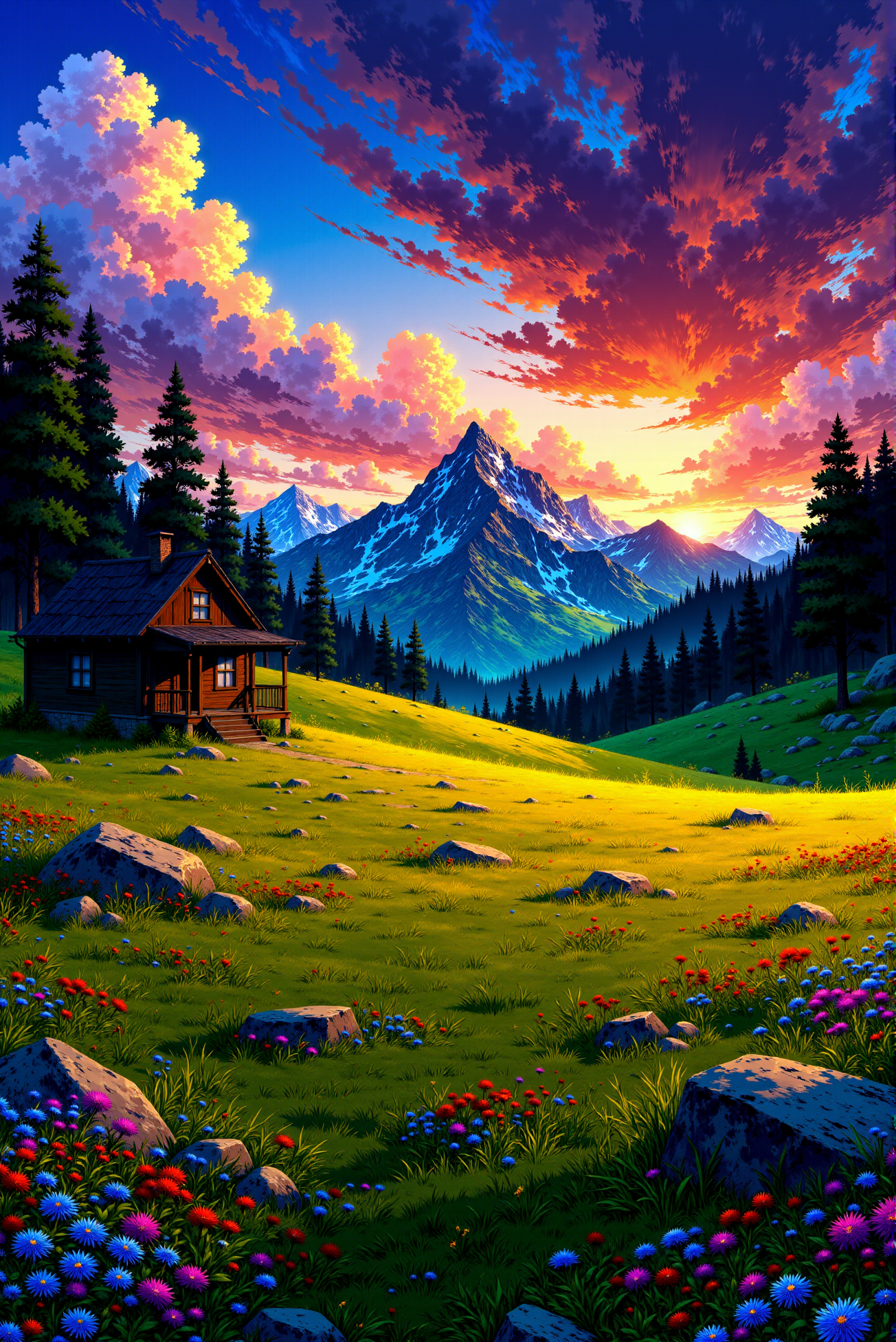 <lora:Anime_Sky:1.0> AnimeSky style. The image is a vibrant, detailed digital illustration in a style reminiscent of a highly detailed, colorful, and slightly stylized digital painting. The scene depicts a picturesque alpine landscape during sunset or sunrise, characterized by a rich, dynamic color palette. The sky is ablaze with hues of orange, pink, and purple, blending into a deeper blue, with fluffy, stylized clouds. In the foreground, a lush, verdant meadow filled with colorful wildflowers (including red, blue, and purple) stretches out. The foreground is speckled with large, irregularly shaped rocks. A rustic cabin, weathered and made of wooden planks, stands on the left side of the meadow. The cabin features a small porch and windows, hinting at a cozy, lived-in feel. The middle ground is dominated by a dense forest of dark green evergreen trees, creating a dense, lush canopy.