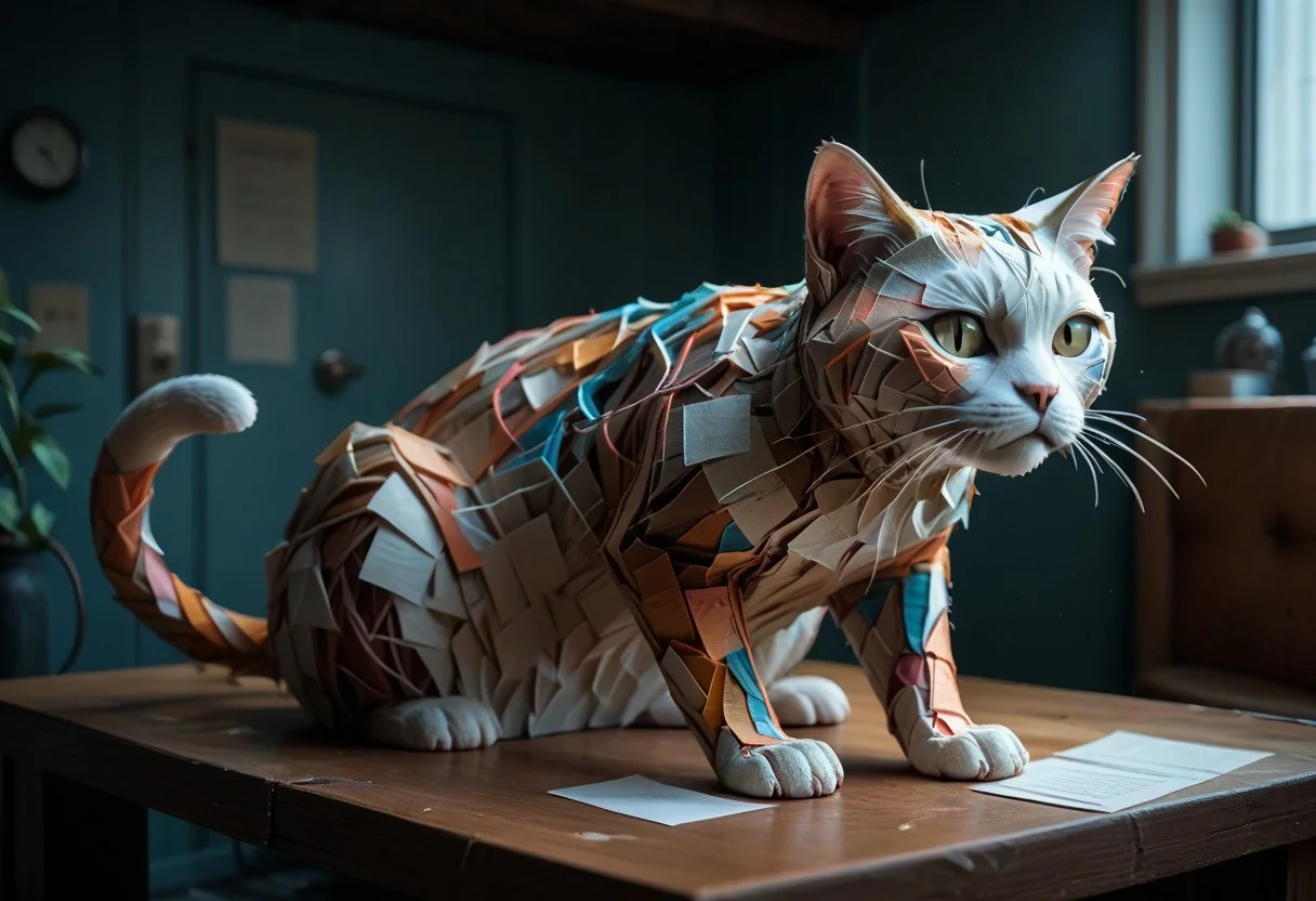 PonyXLV6_Scores, end_tripwire_morph, neon, wires, made of wires, cables, outlined with wires and neon, neon outlines, wire sculpture, neon wire sculpture, endposit_notesmorph, paper sticky notes, made from 3m post it notes, post it notes, paper texture, cat,