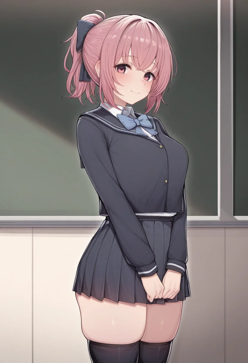 masterpiece, best quality,
<lora:Sos_Adult_Style:1> S0sad0lt, 1girl, solo,standing,looking at viewer, happy, closed mouth,pink hair, ponytail, pink eyes,school uniform, bow, long sleeves, skirt, skindentation, thighhighs,