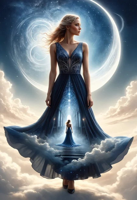 a woman with a long dress, clothing cutout,  double exposure, scratchboard illustration, high quality, beautiful, highly detailed, 8k, fantasy, celestial, aethereal, style of Andy Fairhurst and Nicolas Delort and Becky Cloonan
<lora:dvr-hgh-fnt:0.5> dvr-hgh-fnt