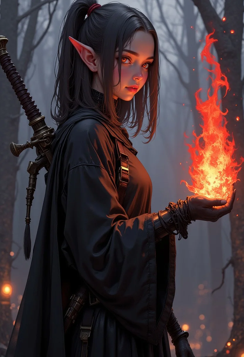 D4rkCyb3rDyn34n1m3 style, This is a dark fantasy illustration of a young elf mage holding a fireball in her hand, Large blade on her back. dark, grainy, dark red flame