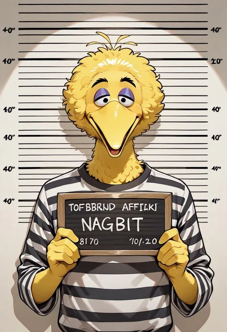 BigBirdSS, 1boy, bright yellow feathers, large black eyes, yellow beak, <lora:Mugs_Shots:1> mugshot, holding sign board, height chart, prison clothes, striped shirt,