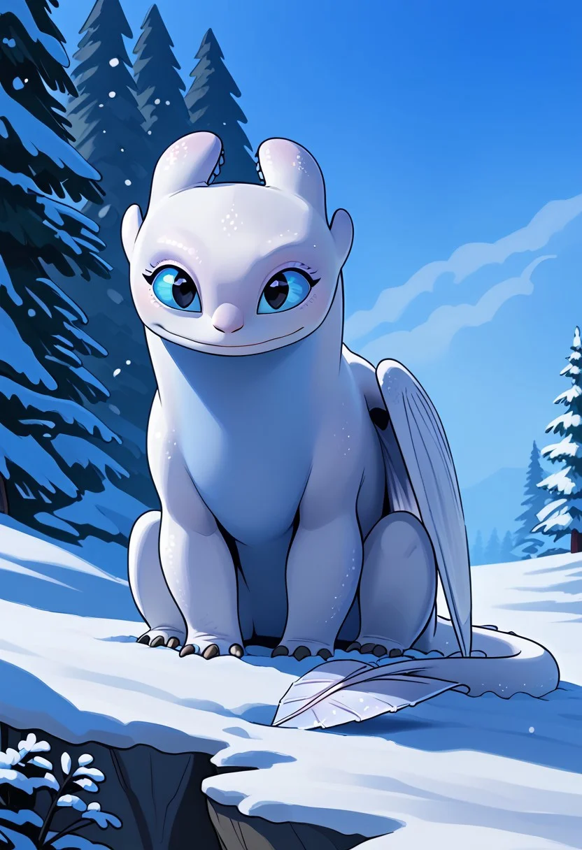 BREAK score_9, score_8_up, score_7_up, 1girl, solo, light_fury, feral, two-tone skin, white-blue skin, blue eyes, white wings, tail, (heart-shaped tail tip), smile, sitting, snow season,
