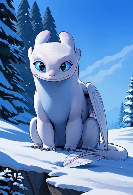 BREAK score_9, score_8_up, score_7_up, 1girl, solo, light_fury, feral, two-tone skin, white-blue skin, blue eyes, white wings, tail, (heart-shaped tail tip), smile, sitting, snow season,