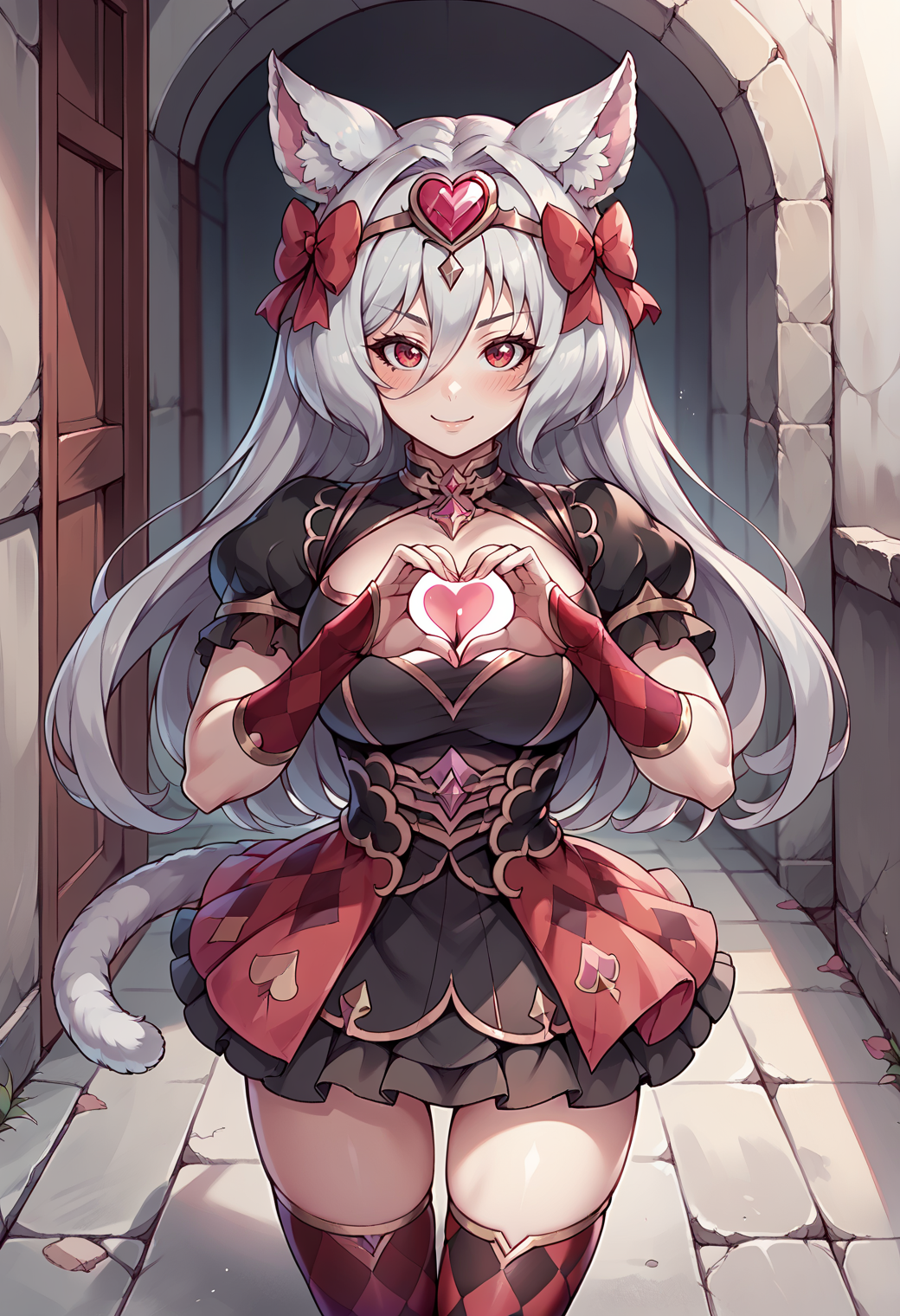score_9, score_8_up, score_7_up, <lora:kirzekr-ponyxl-beta2-07:1> 1girl, solo, kirzeheart, long hair, grey hair, cat girl, cat tail, animal ear fluff, cowboy shot, thighs, thigh gap, hair between eyes, argyle, black skirt, argyle legwear, red hair bow, black dress, frills, puffy short sleeves, bridal gauntlets, heart hair ornament, cleavage, large breasts, heart hands, smile, blush, happy, raised eyebrows,
