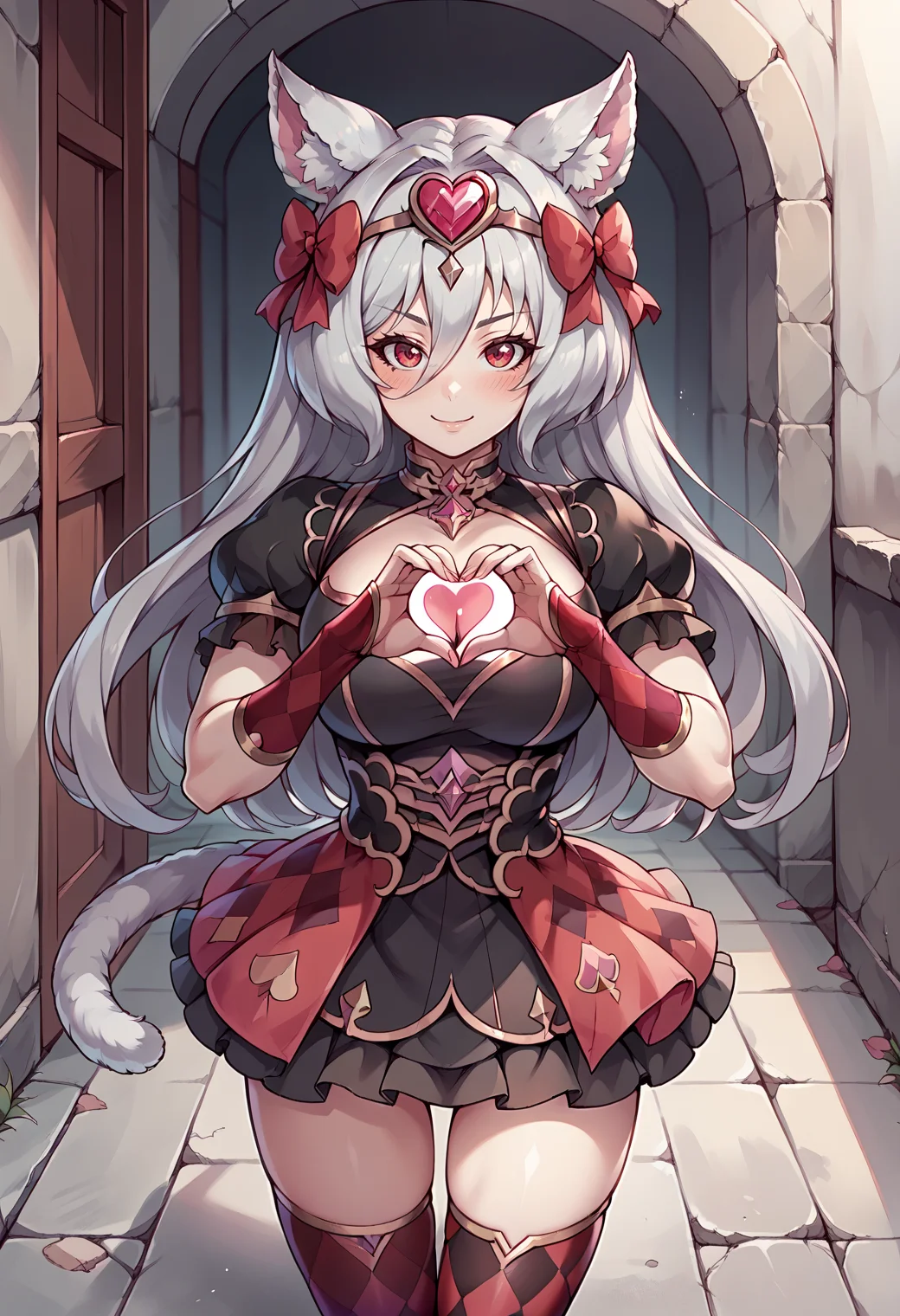 score_9, score_8_up, score_7_up, <lora:kirzekr-ponyxl-beta2-07:1> 1girl, solo, kirzeheart, long hair, grey hair, cat girl, cat tail, animal ear fluff, cowboy shot, thighs, thigh gap, hair between eyes, argyle, black skirt, argyle legwear, red hair bow, black dress, frills, puffy short sleeves, bridal gauntlets, heart hair ornament, cleavage, large breasts, heart hands, smile, blush, happy, raised eyebrows,