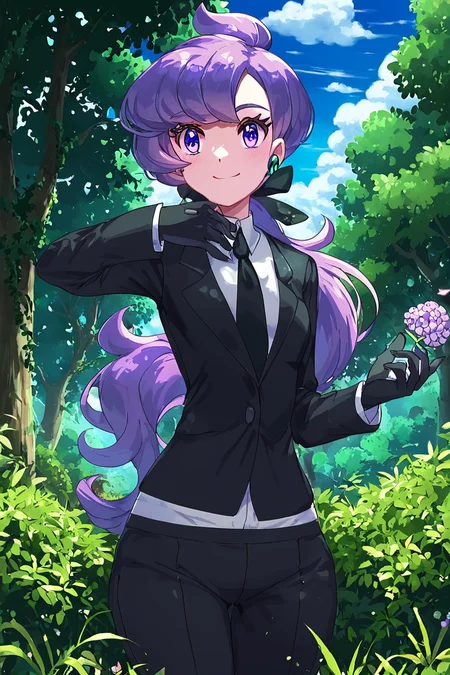score_9, score_8_up, score_8, medium breasts, (curvy), cute, eyelashes, BREAK, , ,,, zzAnabel, purple hair, purple eyes, long hair, ponytail, ribbon, hair ribbon, bangs, black ribbon, black suit, formal, black tie, black gloves, <lora:Anabel_Pokemon_PDXL:1.0>, ,,,, BREAK, smile, looking at viewer, cowboy shot, ,,, outdoors, sky, day, cloud, tree, blue sky, sunny, ,,, Expressiveh, ,,, <lora:Alola_Style_PDXL:0.8>, <lora:Expressive_H-000001:0.4>,