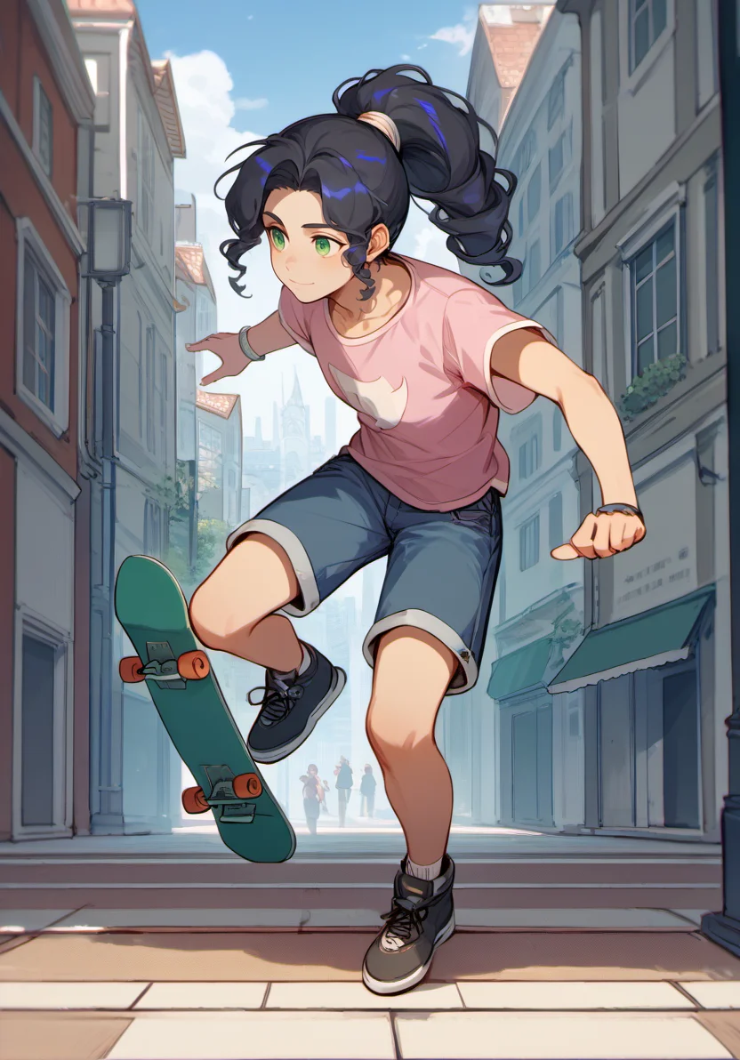 score_9, score_8_up, score_7_up, masterpiece, best quality, 1boy, solo, yong boy, <lora:MaiLanPony:1> meilan, ponytail, black hair, green eyes, full body, pink t-shirt, denim shorts, city, street, skateboard