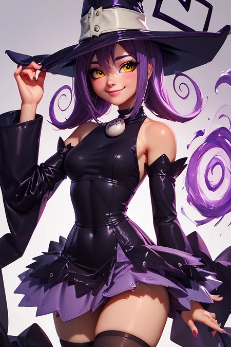 score_9, score_8_up, score_8, medium breasts, (curvy), cute, eyelashes, BREAK, , zzBlair, 1girl, solo, yellow eyes, purple hair, witch hat, witch, detached sleeves, black short dress, thighhighs, <lora:Blair_SoulEater_PDXL_v1:1.0>, , BREAK, smile, closed mouth, looking at viewer, cowboy shot, ,,, embedding:zPDXL, Expressiveh, ,,, <lora:BeautifulCAT_PDXL:0.8>, <lora:SDXLFaeTastic2400:0.5>, <lora:Expressive_H-000001:0.4>,
