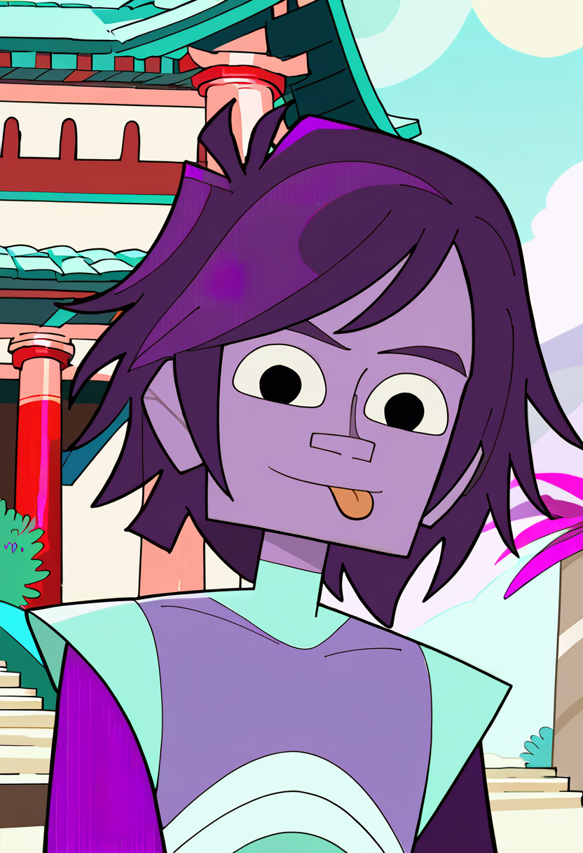 <lora:TwelveForever_Todd_Pony:0.9>, todd \(endless\), purple skin, upper body, tongue out, todd, twelve forever, 1boy, solo, short hair, black eyes, jewish temple, masterpiece, best quality, score_9, score_8_up, score_7_up