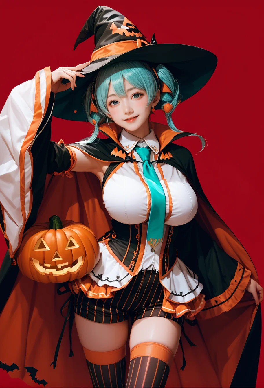 1girl,cowboy shot,red background,,ruanyi1053,aqua necktie,cape,detached sleeves,frills,halloween costume,jack-o'-lantern,vertical-striped thighhighs,vertical-striped shorts,wide sleeves,
<lora:1053 halloween costume_v1_pony:1>, score_9, score_8_up, score_7_up, score_6_up, score_9, score_8_up, score_7_up, score_6_up source_anime, blush, 1girl, seduce smile, perfect body , natural huge breasts