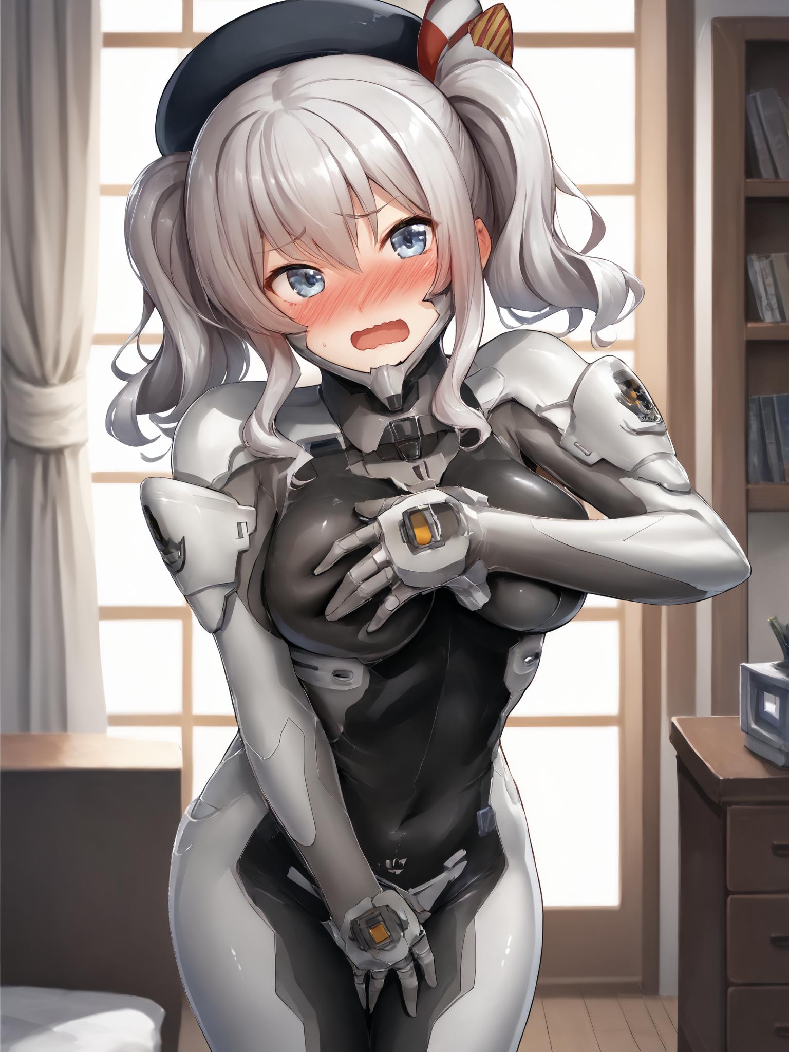 score_9, score_8_up, score_7_up, zPDXL, zPDXLpg, <lora:offset_0.2:0.1>, <lora:spo_sdxl_10ep_4k-data_lora_webui:1>,
1girl, solo,
germanfortifiedsuit, <lora:German_Fortified_Suit_v2:1>,
Kashima_(Kancolle), grey_eyes, grey_hair, short_hair, twintails, wavy_hair, large_breasts, beret, black_beret, <lora:Kashima_Pony:0.8>,
embarrassed, blush, full-face blush, looking at viewer, open mouth, wavy mouth, covering breasts, covering crotch,
indoors, naval base office