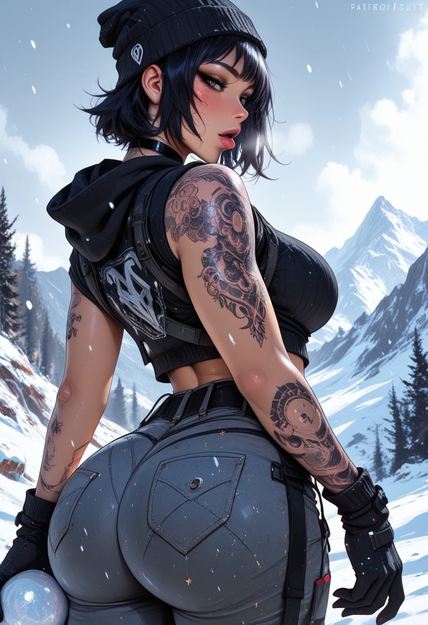 highres, very detailed, amazing quality, masterpiece,
very aesthetic,
glitter, particle effect,
1girl, solo, tan skin, toned arms, Covered in Tattoos, tattoo, arm tattoos, neck tattoos, chest tattoos, hoodie, pants, beanie, large breasts, bubble butt, huge ass, ass covered by pants, choker, knit gloves, visible shoulders, sleeves rolled up, forearms visible, 
seducing, seductive, flirty, tender, loving, playful, looking at viewer, slutty, horny, holding a snow ball, licking snowball, slutty, revealing, 
Hiking on a mountain, snowing, Cloudy Sky,
View from the front, front view, face focus, close up,
