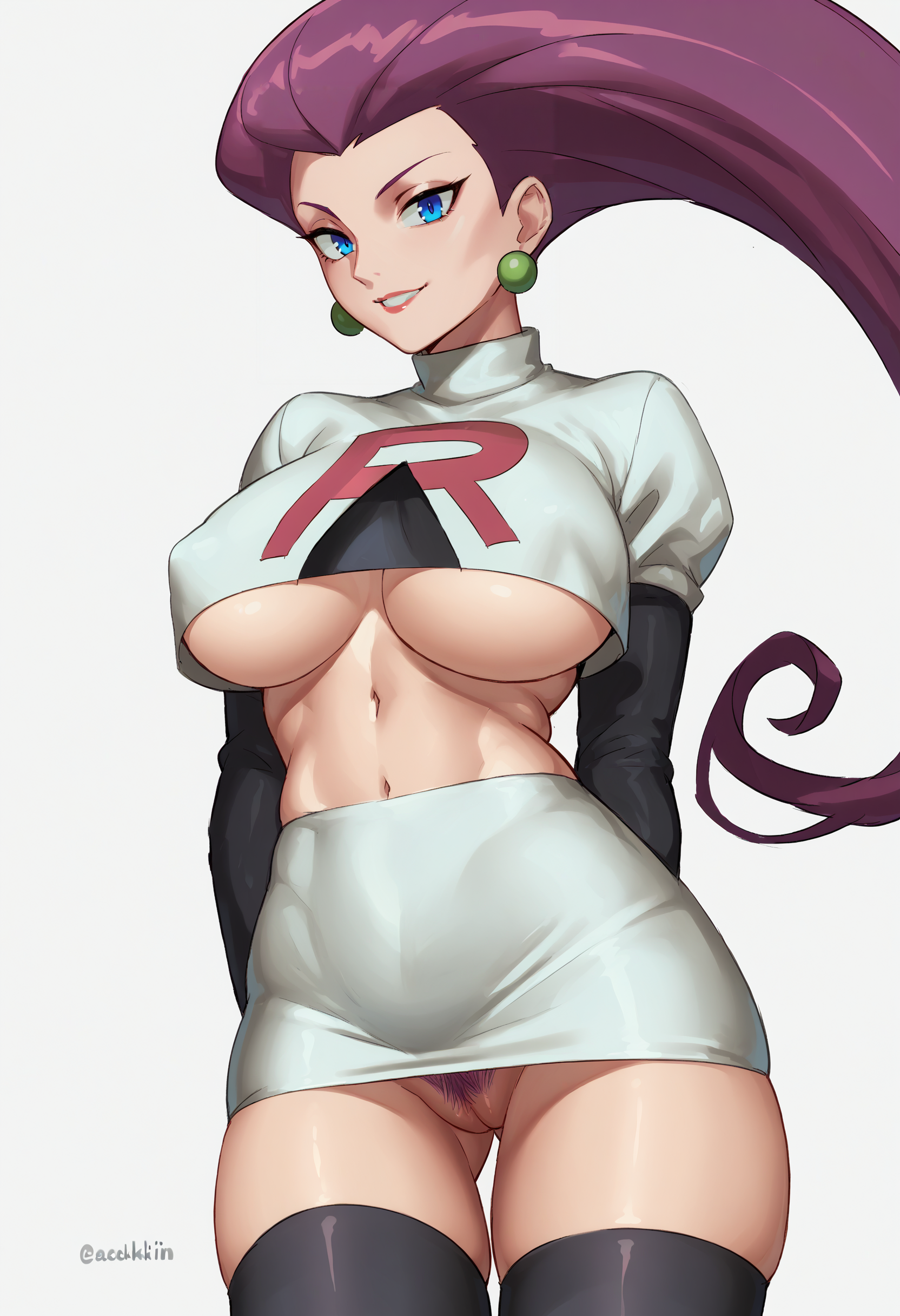 score_9, score_8_up, score_7_up, score_6_up,
 <lora:Kirinkirin_Style_PonyXL_SNSFW:1> Kirinkirin_SNSFW, 
1 girl, solo, 
standing, ass visible through thighs, 
looking at viewer, light smile, 
 <lora:merged:0.65> jessie, \(pokemon\), (ultra HD quality details), blue eyes, hair slicked back, purple hair,  large breasts, curvy,
underboob, no panties, no bra, covered nipples, thighhighs, glowing, 
white skirt, female pubic hair, 
white background, simple background,