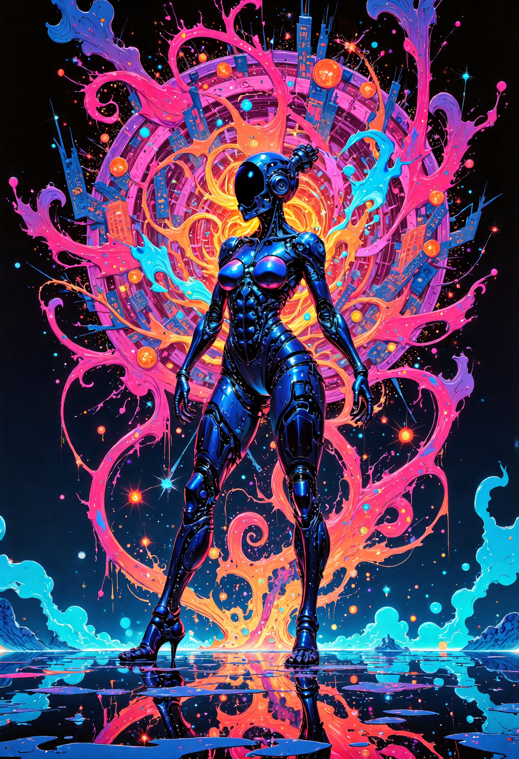 (in Otomo Katsuhiro style:1.2), masterpiece, high-quality, A mechanical dancer with segmented metal limbs that flow like liquid, Each movement generates cascading holographic patterns around her forming abstract mandalas in the air, She performs atop a polished mirrored stage that reflects a fragmented neon-lit cityscape, holographic mandalas, mirrored motion, liquid metal, (Stylized cyberpunk anime with sleek high-contrast details:1.1), (hyperdetailed:1.1), (intricate details:1.0), (Refined details:1.1), (best quality:1.1), (high resolution:1.2),