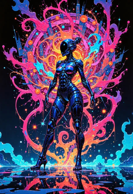 (in Otomo Katsuhiro style:1.2), masterpiece, high-quality, A mechanical dancer with segmented metal limbs that flow like liquid, Each movement generates cascading holographic patterns around her forming abstract mandalas in the air, She performs atop a polished mirrored stage that reflects a fragmented neon-lit cityscape, holographic mandalas, mirrored motion, liquid metal, (Stylized cyberpunk anime with sleek high-contrast details:1.1), (hyperdetailed:1.1), (intricate details:1.0), (Refined details:1.1), (best quality:1.1), (high resolution:1.2),