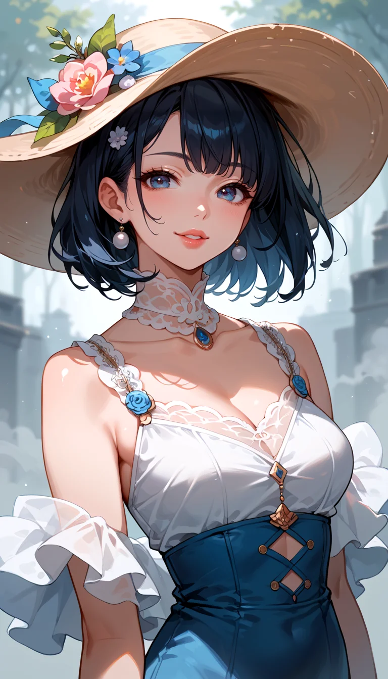 score_9, score_8_up, score_7_up, Anime Style, Portrait, A shadowy human figure, cute, seductive, innocent, light smile:0.3, plump lips, slender body, large hat, intense fog background, depth of field, dynamic angle, fashion photography, sharp, hyperdetailed:1.15