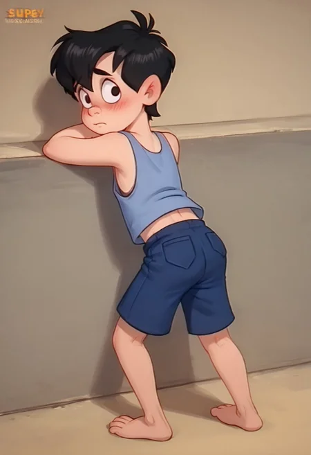 score_9, score_8_up, score_7_up, score_6_up, 1boy, solo, male, Neddiehugson, 1boy, solo,  black hair, short hair, black eyes, thin body, thin face, short stature, cute boy, blushing, shy, tank top, shorts, barefoot, from behind, looking back