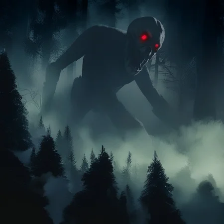 source_anime, source_game, score_9, score_7_up, (CR33P1NGF0G, fog), Scream_(movie), (ghostface), fog, dark, night, haze, 1man, scenery, forest, monster, red eyes, glowing, detailed, the_witcher_3 , detailed background,