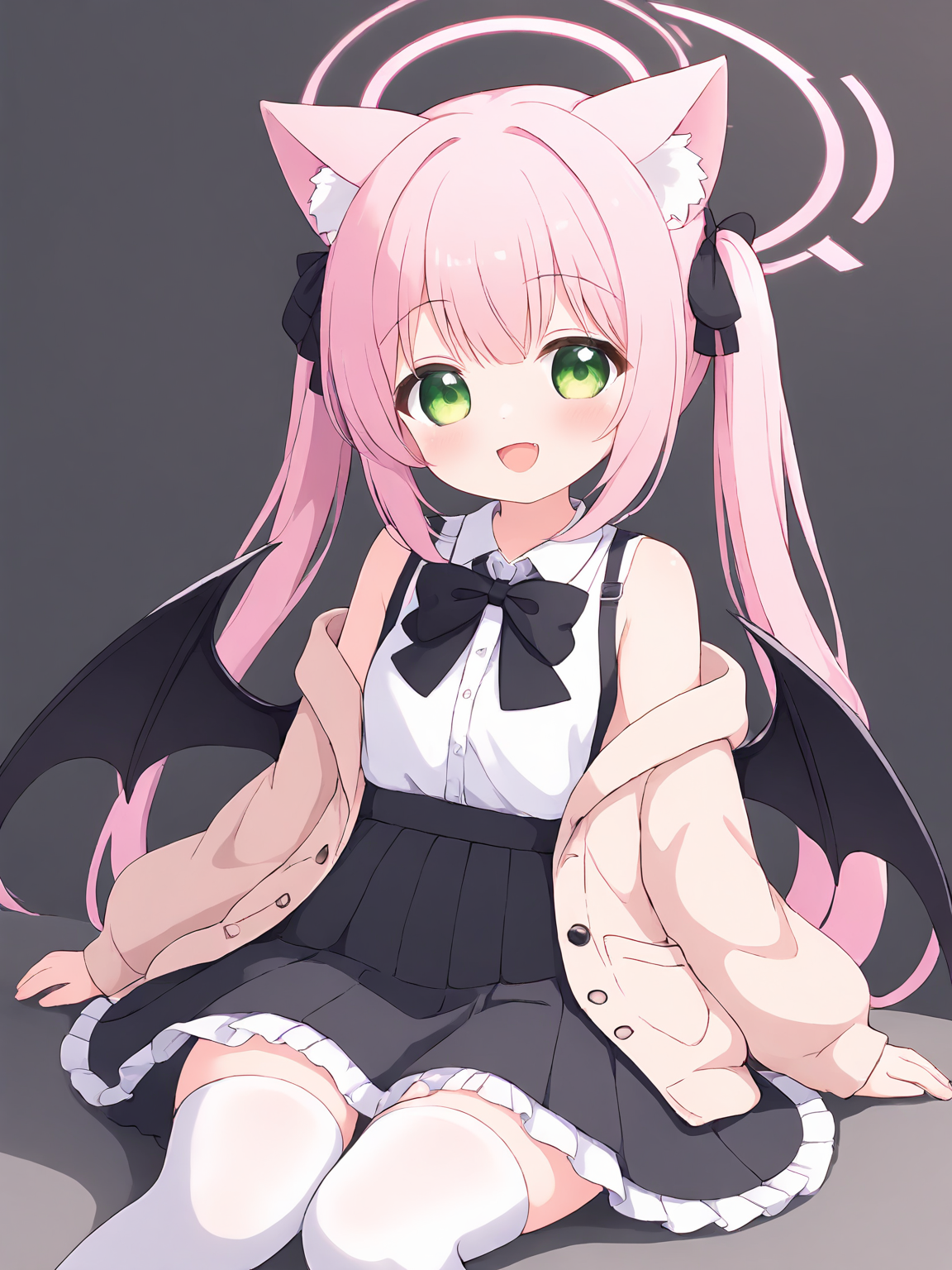 1girl,solo,pink hair,thighhighs,skirt,long hair,wings,animal ears,tail,shirt,white thighhighs,green eyes,sitting,twintails,white shirt,bow,black skirt,looking at viewer,smile,demon wings,black bow,halo,open mouth,bowtie,frilled skirt,animal ear fluff,bangs,fang,sleeves past wrists,sleeveless,frills,very long hair,black bowtie,:d,sleeveless shirt,demon tail,long sleeves,blush,bare shoulders,off shoulder,cardigan,feet out of frame,head wings,frilled shirt,collared shirt,high-waist skirt,<lora:Animation illustration style supplementary model-SDXL-Lora-2024.12.30-version1-000043:0.65>,