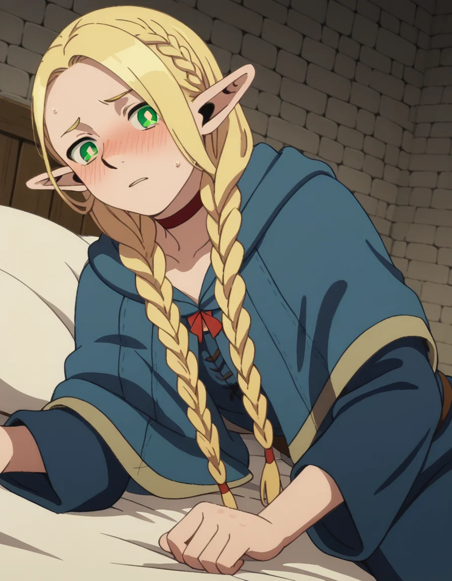 score_9, score_8_up, score_7_up, source_anime,
marcilledonato, <lora:marcille-donato-s1-ponyxl-lora-nochekaiser:1>,
marcille donato, long hair, blonde hair, green eyes, braid, pointy ears, twin braids, elf, bright pupils, parted bangs,
choker, robe, red choker,
indoors, bed, bed room, on side, blush, drunk,
looking at viewer, solo, cowboy shot, dutch angle,