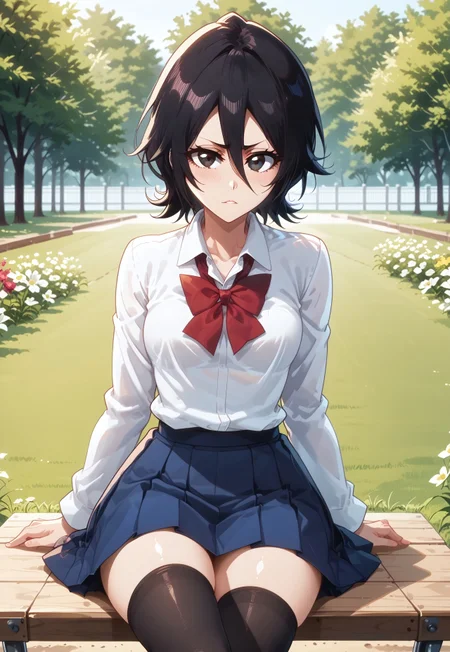 safe_pos, score_9, score_8_up, score_7_up, anime, source_furry , rating_explicit, anime screencap, anime style, Perfect eyes, perfect hands, perfect fingers, bleach_tybw_style,
park, swings, grass, flowers,
Rukia Kuchiki, black hair, medium hair,
school uniform, blazer, long sleeves, white shirt, collared shirt, red neckerchief, blue skirt, pleated skirt, black thighhighs, loafers,
((Medium breast)), thick things, thick hips, huge ass, curvy body, hourglass body, aheago, sitting on the swing