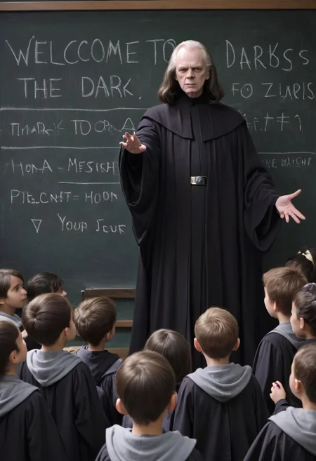 Photo of Emperor Palpatine teaching elementary school children, blackboard with writing "Welcome to the dark side"