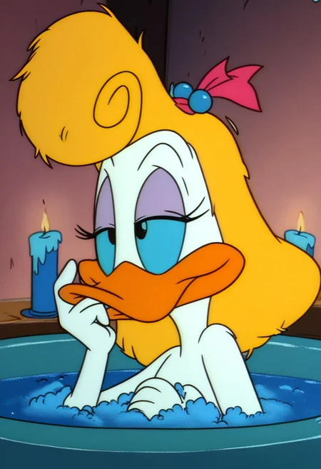 score_6_up,score_5_up,score_4_up, upper body focus, , white fur, blonde hair, messy hair, hair down, orange legs, perfect hands, female duck solo.1girl, orange legs,  taking a bath, bathtub, laying down, bathroom, soap bobbles, perfect eyes, 
bobbles, candles,  sleepy eyes,  Perfect Hands, masterpiece, high quality, show accurate, shirt,
, zPDXL, no bow, on hair ornament,