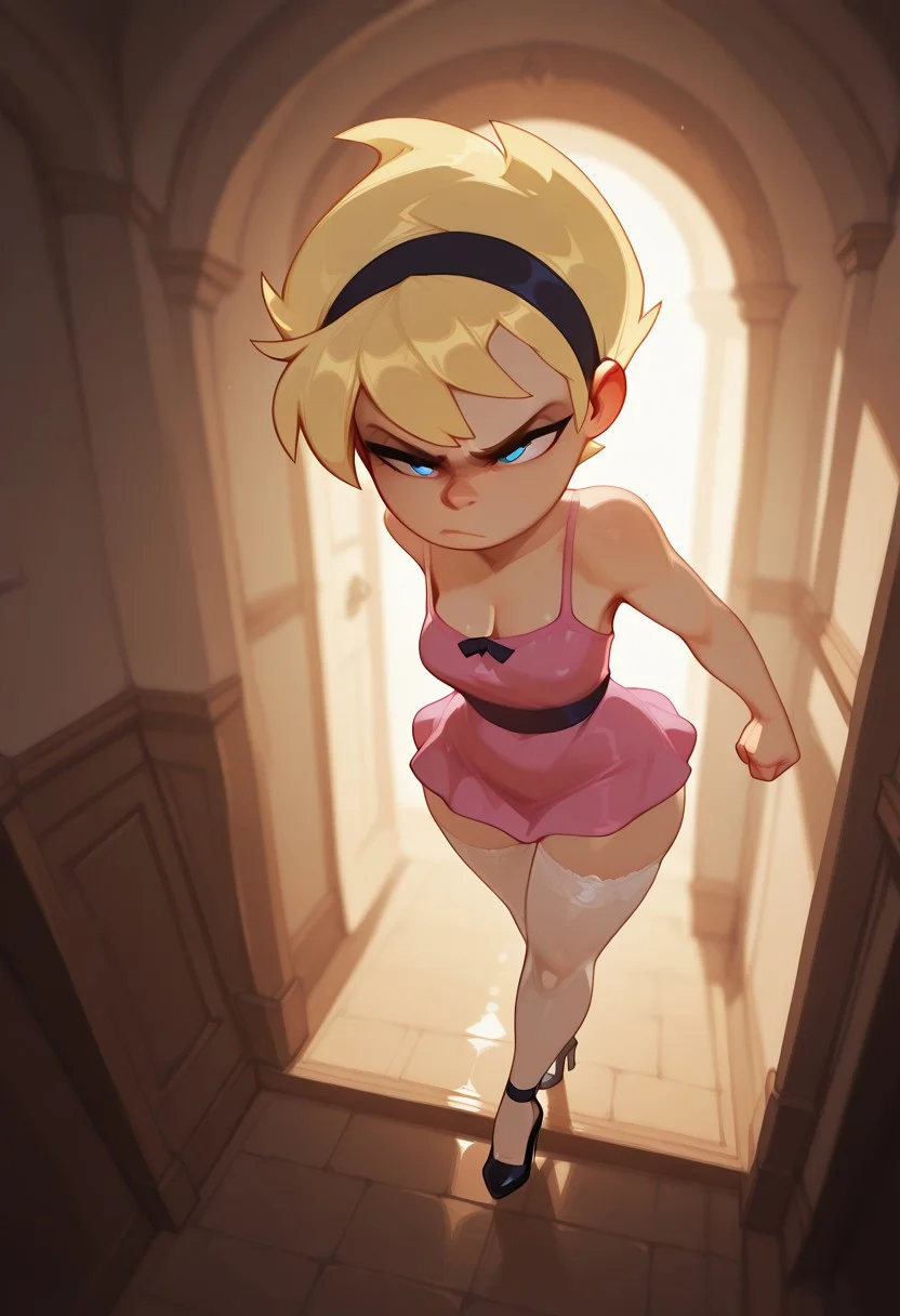 illustration, lazypos, solo, dynamic pose, foreshortening, extreme perspective,
huffslove, ,
Mandygr1m, Mandy, adult, pink microdress, white stockings, maryjane heels, black hairband, blonde hair, pixie cut, blue eyes, scowling,