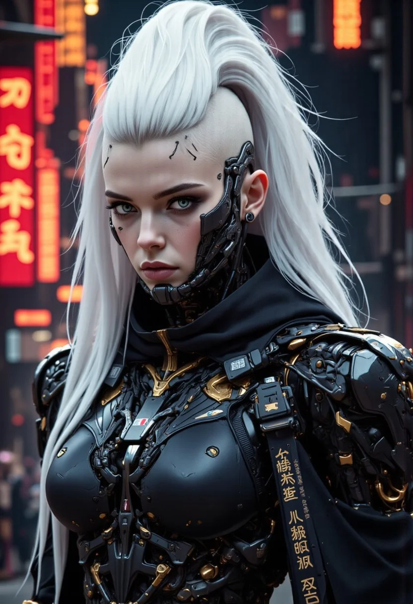 high angle camera view from above and at a distance, realism, skin texture style, Photo Quality Gorgeous Female Face, Ultra Pale Extremely White Skin, Tall White Mohawk Hair Punk Style with sides of head shaved, detailed facial expression, High details face, High detailed Eyes, Full Body view, Mecharmor, futuristic, Jet Black with Very Dark Gold Trim Exosuit, Heavy Mech, Dynamic Aggressive Combat Pose, busty breasts, Cleavage with Covered Nipples, Exosuit, Extremely Low V cut top, Power Armor, futuristic, Tactical Futuristic Samurai Sword, Perfect hand, Heavy Mech, Armor Color Jet Black with Very Dark Gold Trim, Robot, Full body, Ready to strike, futuristic, (off-center composition, left aligned, Portrait),  Detailed hand, battle-worn, Gothic Neon Cyberpunk Night City Cityscape Background, cinematic film still glamorous photo dark art by Rafael Zabaleta, expressionism art by Asger Jorn, vibrant, Abstract expressionism, experimental painting techniques, bold bright colors, dynamic compositions, Expressionism, emotive brushwork, brilliant tones, dramatic lighting, introspective themes. high fashion, luxurious, extravagant, stylish, sensual, opulent, elegance, stunning beauty, professional, high contrast, detailed. shallow depth of field, vignette, highly detailed, high budget, bokeh, cinemascope, moody, epic, gorgeous, film grain, grainy