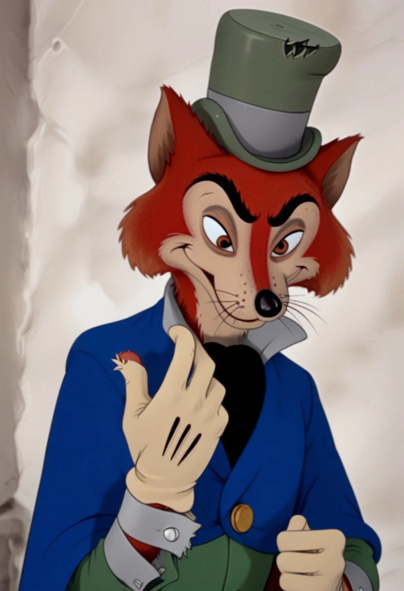 score_9, score_8_up, score_7_up, score_6_up, score_5_up, score_4_up, masterpiece, photorealistic, realistic, bedroom background, detailed fur, detailed face, Honest John, Honest John Foulfellow, Disney, furry male, male fox, anthropomorphic fox, cartoon fox, animal focus, disney, fox ears, fox tail, tan feet, claws, beige markings, beige face, detailed eyelids, brown eyelids, black eyebrows, tan inner-ears, furry cheeks, whiskers, brown eyes, black nose, green top hat, green shirt, grey cuffs, grey collar, black ascot, blue cloak, cloak red liner, gold buttons, beige gloves, torn gloves, three fingers, three toes, solo, 1boi, headshot