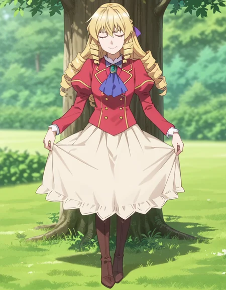 score_9, score_8_up, score_7_up, source_anime, BREAK
1girl, solo, blurry background, looking at viewer, full body, outdoors, under a tree, field, skirt hold, bowing, curtsey, light smile,
grace auvergne (akuyaku reijou tensei ojisan), long hair, blonde hair, drill hair, braid, hair ribbon, hair between eyes, closed eyes, hand fan,
school uniform, white shirt, red jacket, blue ascot, jewelry, puffy sleeves, long sleeves, white skirt, brown high heel boots,
<lora:grace_auvergne-akuyaku_reijou_tensei_ojisan_s1_v2-anime-soralz:1>