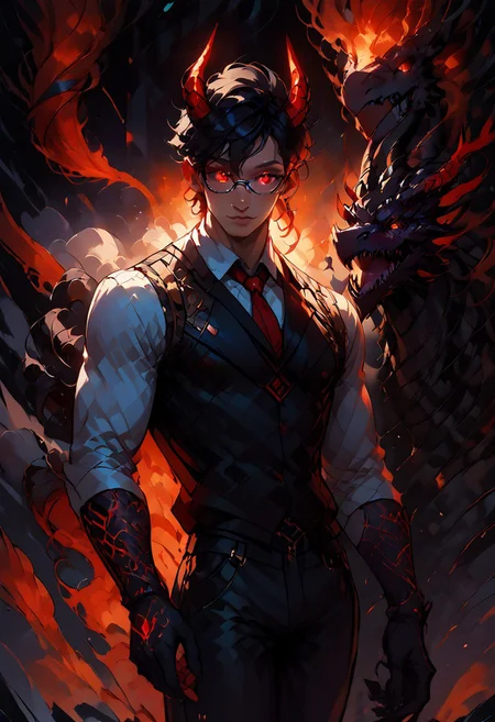 ((score_9, score_8_up, score_7_up,score_9, score_8_up, score_7_up)), (Masculine, Light/tan skin, Toned and 6'5 feet tall:1.4), 24 years old, Handsome face, smile face, perfect face, (((Black hair with neon red highlights))), ((Glowing neon Gold irises)), (Neon Red pupils), (White Sclera), shiny skin, Curley short haircut, ((2 spiral red horns)), (((Demon))), (Large muscle build), gages in ears, Neon tattoos on arms, wild hair, toned hips, ((fit look, large intelligent glasses)), ((Long Blue leather coat, dragon scale coat, black vest, black shirt, black pants)), shiny skin, dark aura, small light, warm lighting, (no nsfw) , stools, cowboy shot, dark dimension, black background, empty space, stars, dynamic action: one hand opened, (((explicit, beam, sole hyper bottomless hole, both her wings hole shooting one strong giant thick purple beam by absolute straight line,))), focus on hand
