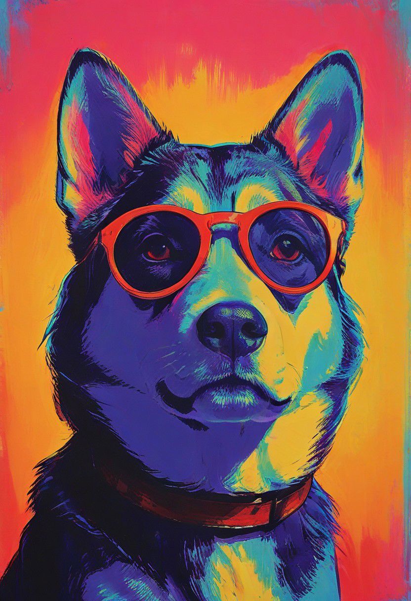 impactful color paint of, a husky puppy wearing dark sunglasses, highly detailed, vibrant colors , 8k, sharp, professional, clear, high contrast, high saturated, , vivid deep blacks, crystal clear