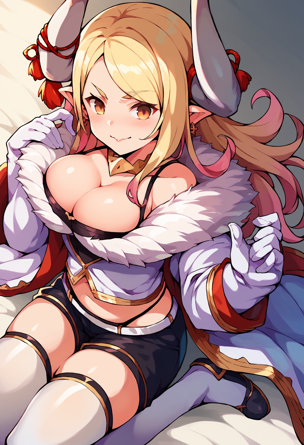 score_9, score_8_up, score_7_up, uncensored, source_anime, 1girl, <lora:spgbfKumbhiraXLPony-000003:1> kumbhiradef, horns, horn ribbon, earrings, white jacket, fur trim, cleavage, white gloves, black shorts, highleg panties, white thighhighs
