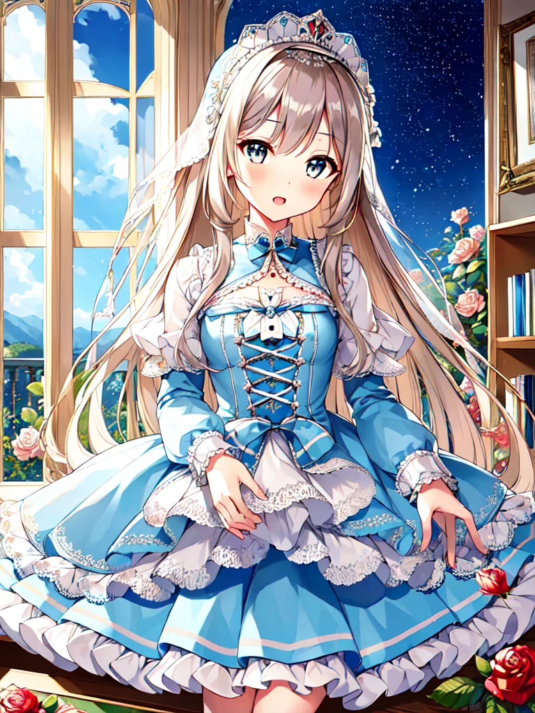((masterpiece)),((best quality)),(ultra-detailed),(illustration),((an extremely delicate and beautiful)),(dynamic angle), 
1girl, flowers, spring, beside window, rose, very long hair, detailed face, long eyelashes,  flower in eye,  frilled sleeves, corset, tiara, princess, 
blace eyes  wide-eyed, cute, young girl, clear sky, daylight, sunny,  ai is sb, ai is sb, (saxe light blue dress:1.4), rose, black hair, patterned clothing,  (lo classical:1.12), lo sweet:0.8, cute shoes, happy, open mouth,   <lora:lo_fashions_v5:0.64>