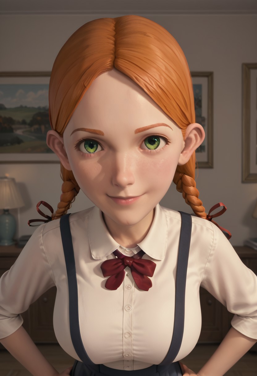 ((room background)),score_9, score_8_up, score_7_up,score_6_up, 
1girl, solo, Jenny_MH, light skin, ginger hair, green eyes, twin braids with red ribbons, white collared shirt, red cross bow tie, black grey suspender skirt, white knee socks, black mary janes shoes, big eyes, cute, medium height, social smile, perfect eyes, perfect smile, looking at the viewer, detailed eyes, perfect eyes, standing, big breasts (front pose, front view, bust shot) five fingers, perfect hands, hands on hips