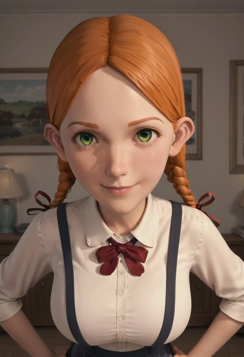 ((room background)),score_9, score_8_up, score_7_up,score_6_up,
1girl, solo, Jenny_MH, light skin, ginger hair, green eyes, twin braids with red ribbons, white collared shirt, red cross bow tie, black grey suspender skirt, white knee socks, black mary janes shoes, big eyes, cute, medium height, social smile, perfect eyes, perfect smile, looking at the viewer, detailed eyes, perfect eyes, standing, big breasts (front pose, front view, bust shot) five fingers, perfect hands, hands on hips