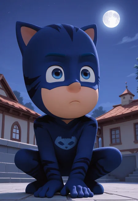 (score_9, score_8_up, score_7_up), highly detailed, cute boy, masterpiece, best quality, high quality, detailed, round face, round eyes,  petite, flat chested, aged down, cute, kawaii, short, 1boy, solo, Catboy Costume, Blue Eyes, Cat Ears, Tail,  low angle view, foreshortening, dynamic view, dutch angle, looking away, serious, squatting, on roof ledge, cool pose, dynamic pose, perching, perfect detail, perfect eyes, perfect face, perfect mouth, night time, moonlighting, moon in background, natural lighting, (ray tracing, good shadows), short male, young