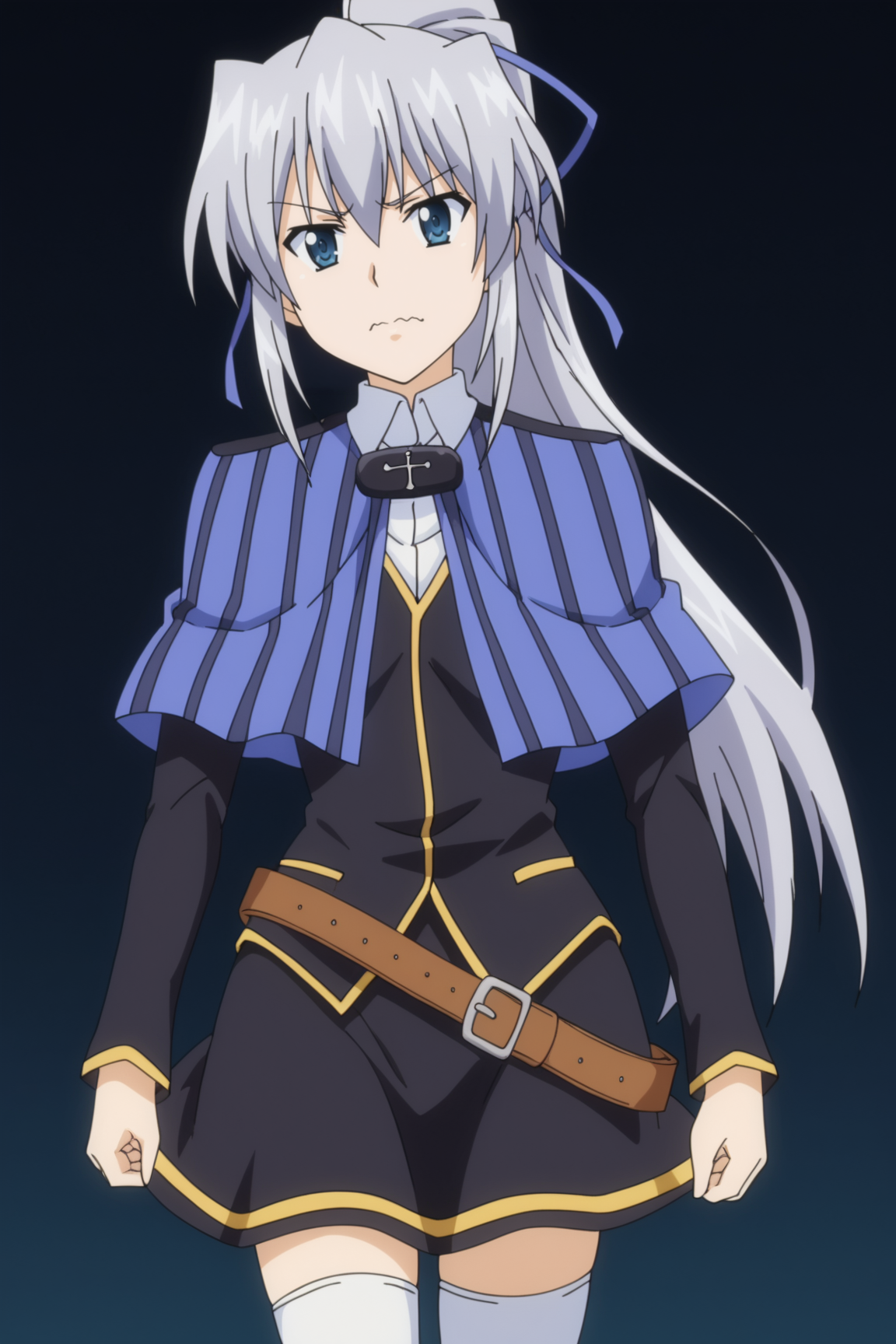 score_9, score_8_up, score_7_up, source anime, prefect lighting, very aesthetic, BREAK, anime coloring, anime screencap,
<lora:liliana_kranjcar_v2-pdv6:1>, 1girl, liliana kranjcar, campione!, blue eyes, grey hair, ponytail, hair ribbon, long hair,
liliaout, capelet, white thighhighs, belt, skirt, zettai ryouiki, 
BREAK, looking at viewer, 
BREAK,âââ wavy mouth, closed mouth, dynamic pose,