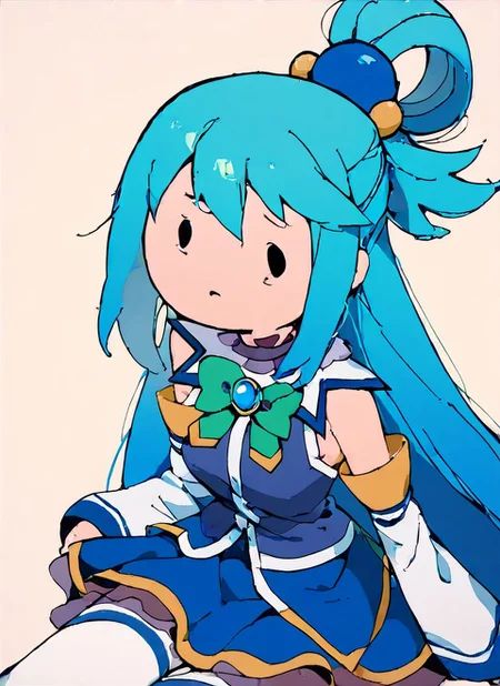 <lora:Adventure_Time_Style_LORA:1>, score_9, score_8_up, score_7_up, , adventure time style, flat color, vector ilustration, (dot eyes), round face,, aqua \(konosuba\), long hair, blue eyes, hair ornament, very long hair, blue hair, hair rings,,skirt, shirt, thighhighs, bare shoulders, detached sleeves, white thighhighs, blue skirt, blue shirt, green bow,