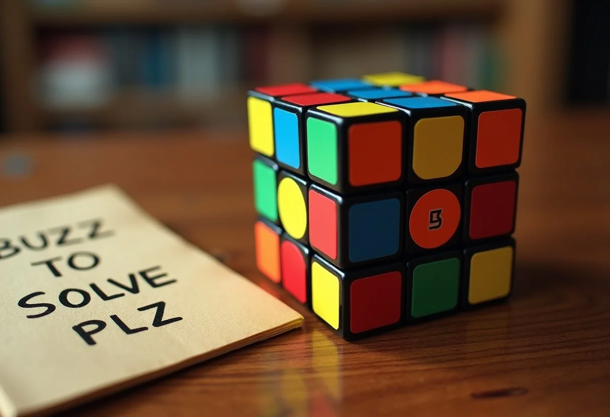 semi-realistic,
rubik's cube, unsolved rubik's cube, close up, wooden table, detailed wood texture, note "BUZZ TO SOLVE ME PLZ"