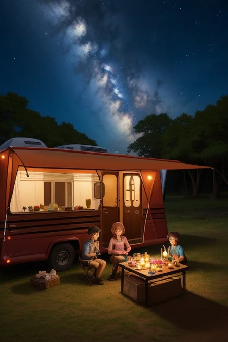 (ultra high res:1.4), (masterpiece), (beautiful lighting:1.4) , dessert, camp, small people, caravan, illustration, anime, outdoor, sky, night, star, camping,