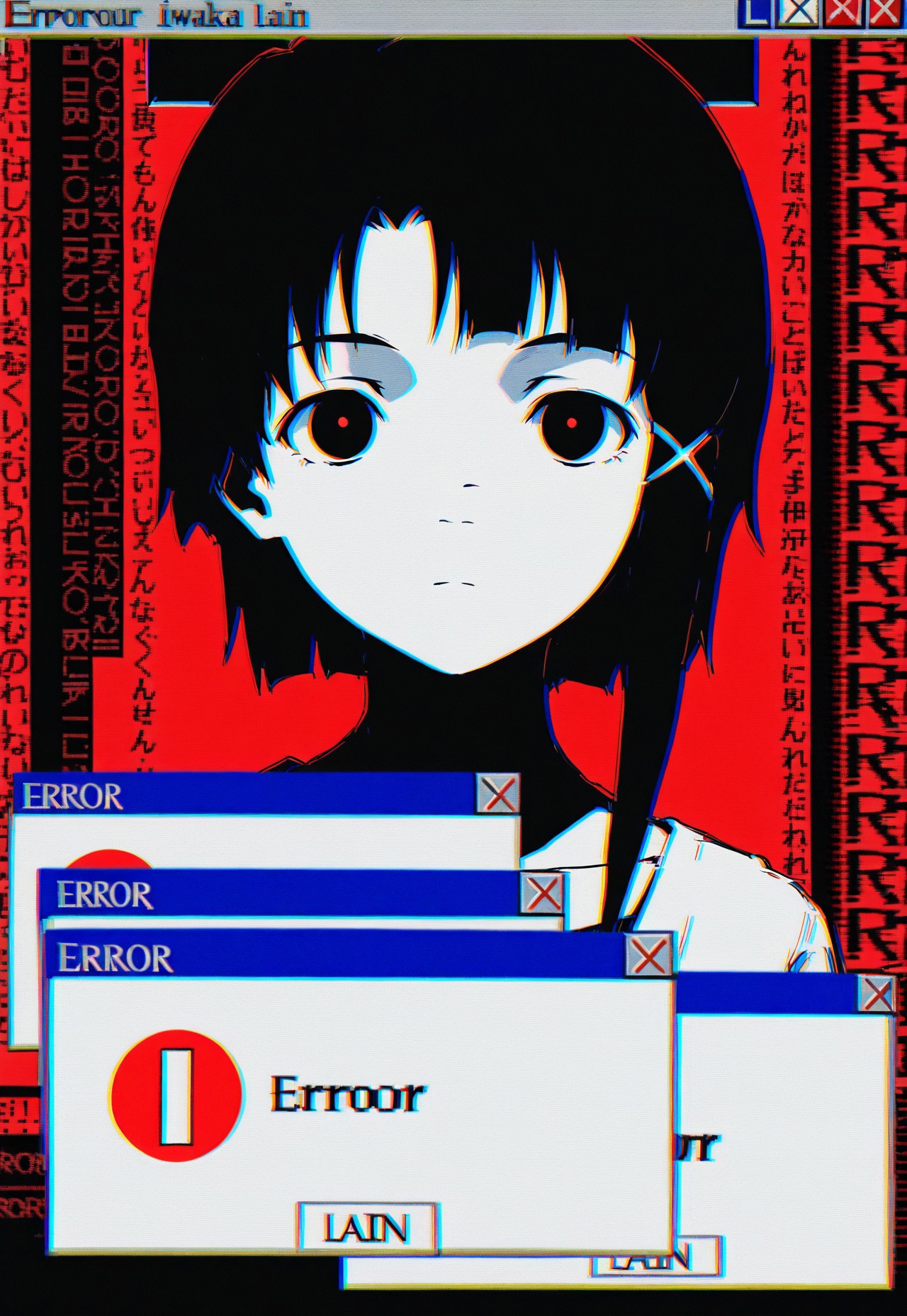 webcglc98a, iwakura lain, red background, error message, window \(computing\), text, error, glitch, expressionless, text background, black hair, black eyes, sketch, fake screenshot, chromatic aberration, 
amazing quality, best quality, masterpiece, very aesthetic,