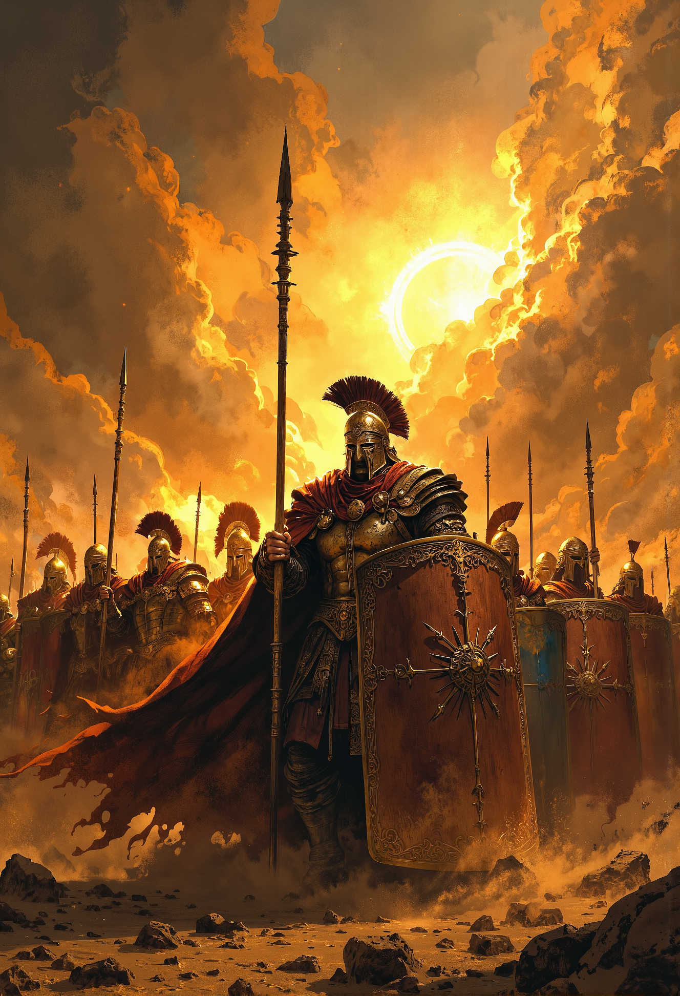A high-resolution action scene of a phalanx formation, soldiers standing in a tight line, bracing against the onslaught of a fierce sandstorm. The warriors' massive shields lock together, forming an unbreakable wall of metal as they hold their long spears at the ready. The sandstorm swirls violently around them, grains of sand whipping through the air, obscuring the battlefield and darkening the sky. The sun struggles to break through the thick, swirling clouds of sand, casting only faint, dramatic beams of light that illuminate the soldiers in a golden, dusty glow.  At the front, the commanding officer stands tall, his face half-hidden by the chaos of the storm. He shouts a powerful, rallying war cry, his voice barely cutting through the howling winds, yet still carrying a sense of determination and unity. The soldiers, faces grim behind their visors, hold fast, their shields battered by the storm but unyielding.  The scene is dynamic and tense, with the sandstormâs fury contrasting against the calm, disciplined resolve of the soldiers. The storm rages around them, but the light from the struggling sun highlights the grit, courage, and defiance of the unit, standing strong against both the elements and the impending battle. <lora:FluxMythP0rtr4itStyle.safetensors:0.5>, <lora:Magic_of_Art_\(FLUX\).safetensors:0.5>, <lora:Elden_Ring_-_Yoshitaka_Amano.safetensors:0.75>,