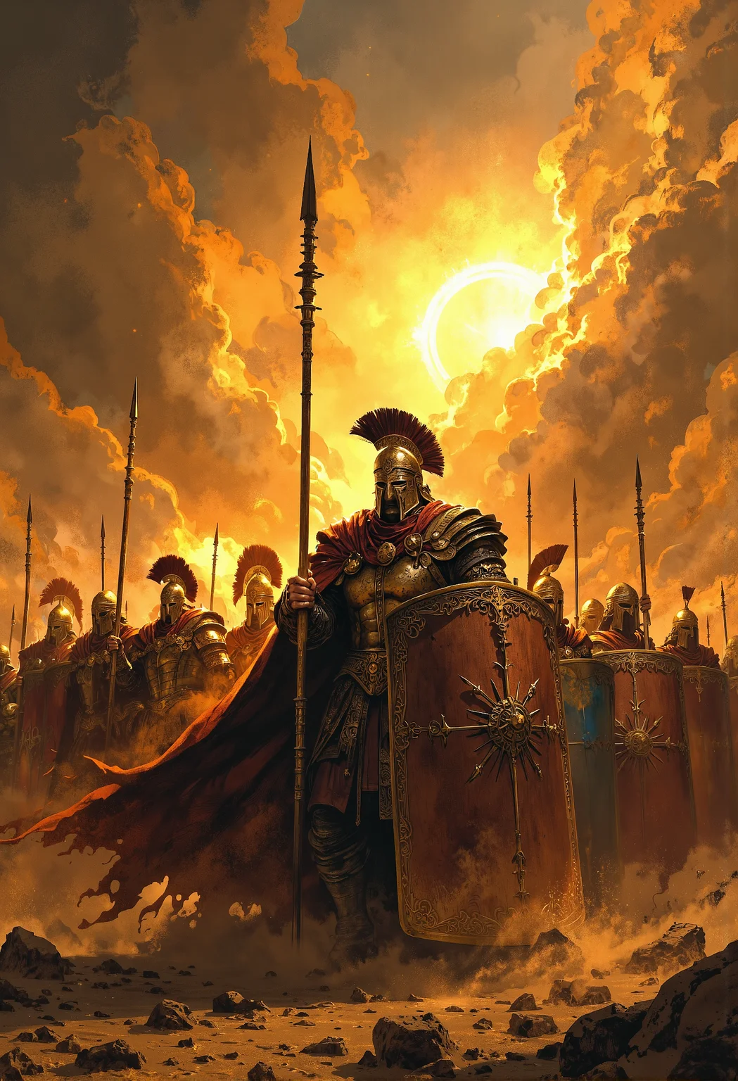 A high-resolution action scene of a phalanx formation, soldiers standing in a tight line, bracing against the onslaught of a fierce sandstorm. The warriors' massive shields lock together, forming an unbreakable wall of metal as they hold their long spears at the ready. The sandstorm swirls violently around them, grains of sand whipping through the air, obscuring the battlefield and darkening the sky. The sun struggles to break through the thick, swirling clouds of sand, casting only faint, dramatic beams of light that illuminate the soldiers in a golden, dusty glow. At the front, the commanding officer stands tall, his face half-hidden by the chaos of the storm. He shouts a powerful, rallying war cry, his voice barely cutting through the howling winds, yet still carrying a sense of determination and unity. The soldiers, faces grim behind their visors, hold fast, their shields battered by the storm but unyielding. The scene is dynamic and tense, with the sandstorm’s fury contrasting against the calm, disciplined resolve of the soldiers. The storm rages around them, but the light from the struggling sun highlights the grit, courage, and defiance of the unit, standing strong against both the elements and the impending battle. <lora:FluxMythP0rtr4itStyle.safetensors:0.5>, <lora:Magic_of_Art_\(FLUX\).safetensors:0.5>, <lora:Elden_Ring_-_Yoshitaka_Amano.safetensors:0.75>,