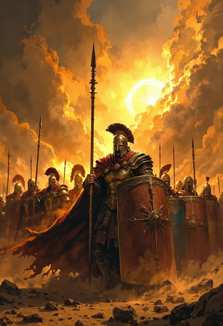 A high-resolution action scene of a phalanx formation, soldiers standing in a tight line, bracing against the onslaught of a fierce sandstorm. The warriors' massive shields lock together, forming an unbreakable wall of metal as they hold their long spears at the ready. The sandstorm swirls violently around them, grains of sand whipping through the air, obscuring the battlefield and darkening the sky. The sun struggles to break through the thick, swirling clouds of sand, casting only faint, dramatic beams of light that illuminate the soldiers in a golden, dusty glow. At the front, the commanding officer stands tall, his face half-hidden by the chaos of the storm. He shouts a powerful, rallying war cry, his voice barely cutting through the howling winds, yet still carrying a sense of determination and unity. The soldiers, faces grim behind their visors, hold fast, their shields battered by the storm but unyielding. The scene is dynamic and tense, with the sandstormâs fury contrasting against the calm, disciplined resolve of the soldiers. The storm rages around them, but the light from the struggling sun highlights the grit, courage, and defiance of the unit, standing strong against both the elements and the impending battle. <lora:FluxMythP0rtr4itStyle.safetensors:0.5>, <lora:Magic_of_Art_\(FLUX\).safetensors:0.5>, <lora:Elden_Ring_-_Yoshitaka_Amano.safetensors:0.75>,
