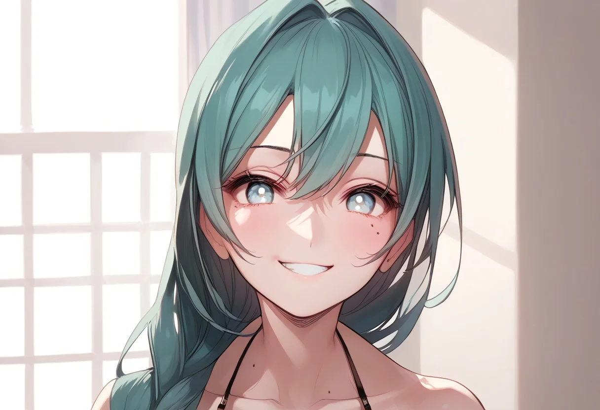 abbystea style, (score_9, score_8_up, score_7_up, highest score, best quality:1.2), zPDXL3, good_hands, hi-res. 8k,  1girl, green hair, long hair, giant breasts, white eyes, mole under eye, BREAK  white dress, revealing clothing, smirk BREAK incoming punch  BREAK  dramatic lighting, indoors, perfect hands, perfect eyes, (high quality:1.1), (ultra detailed:1.1), Expressiveh, mature woman